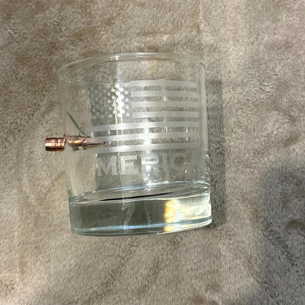 Bullet Whiskey Glass "MERICA" American Flag Rocks Glass Embedded Bullet Barware